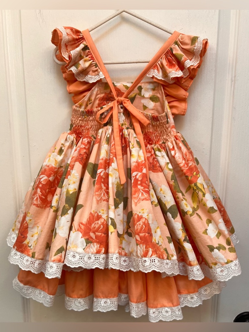 Monika Studio Girls Floral Ruffle Pinafore Dress - Peach/Coral  Floral Size 4 T - Picture 11 of 13